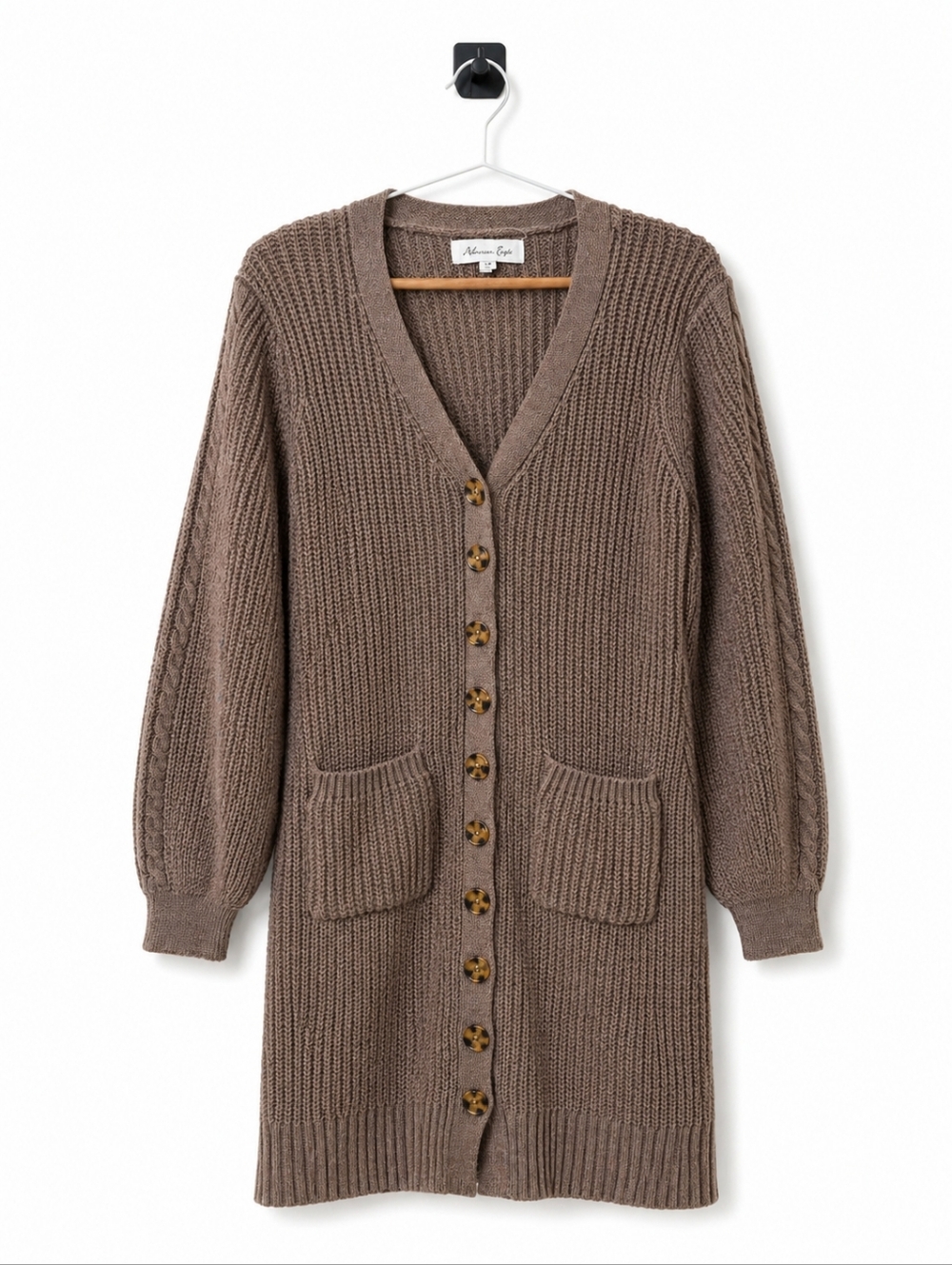 Long Knit Button-Front Cardigan Sweater in Taupe